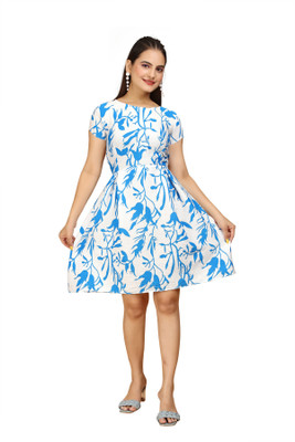 SITARAM FASHIION Women Fit and Flare White, Blue Knee Length Dress