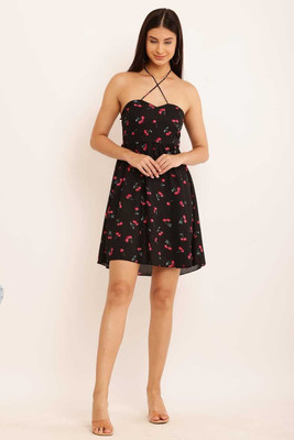 HIRAIGUMI Women Fit and Flare Black Knee Length Dress