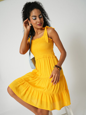 Globus Women Fit and Flare Yellow Above Knee/Mid Thigh Length Dress