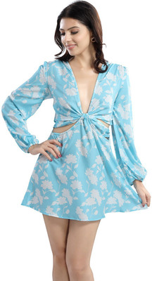 CHERRYLAVISH Women Fit and Flare Light Blue Above Knee/Mid Thigh Length Dress