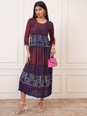 Vishudh Women A-line Beige, Dark Blue, Red Midi/Calf Length Dress
