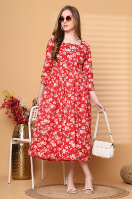 Rajnandini Women A-line Red Midi/Calf Length Dress