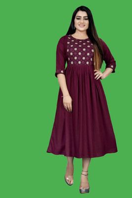 HouseOfCommon Women Fit and Flare Maroon Midi/Calf Length Dress
