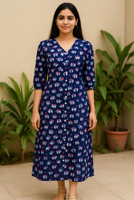 shree radha Women A-line Dark Blue Midi/Calf Length Dress