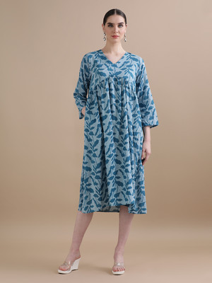 Black & Blah Blah Women Fit and Flare Blue Midi/Calf Length Dress