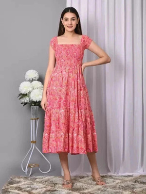 VYMO Women Fit and Flare Pink Midi/Calf Length Dress