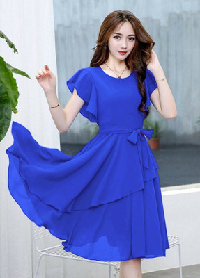 VM STUDIO Women Fit and Flare Blue Midi/Calf Length Dress