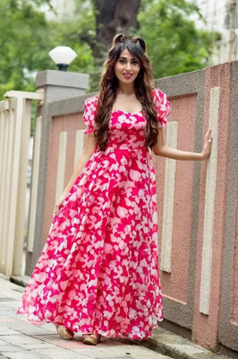 EDISHNAL Women A-line Pink, White Dress