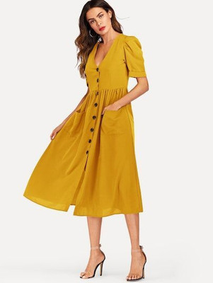 Safoora Creation Women A-line Yellow Midi/Calf Length Dress