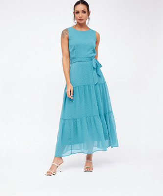 HARPA Women Fit and Flare Light Blue Maxi/Full Length Dress