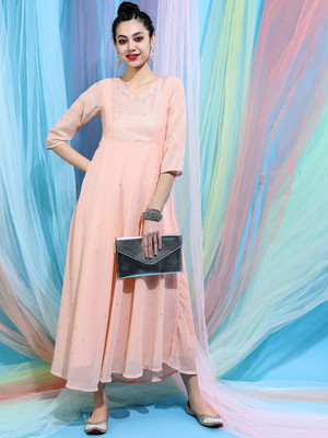 Vishudh Women A-line Pink Maxi/Full Length Dress