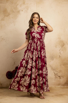 METRONAUT Women A-line Maroon Maxi/Full Length Dress