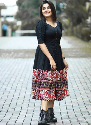 panthi Women Fit and Flare Black Midi/Calf Length Dress