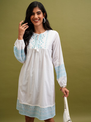 VISHUDH NEW Women A-line White, Light Blue Above Knee/Mid Thigh Length Dress
