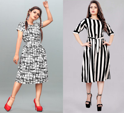 Hiral Creation Women A-line Black, White Midi/Calf Length Dress