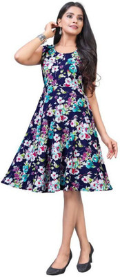 HouseOfCommon Women Fit and Flare Blue Knee Length Dress