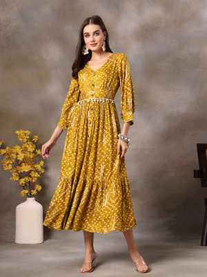 Stylum Women Tiered Yellow Midi/Calf Length Dress