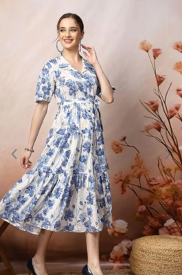 GIRYA Women Fit and Flare Blue Midi/Calf Length Dress