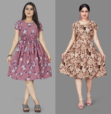 MAHADEV Women Fit and Flare Pink Below Knee Dress