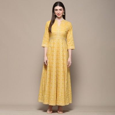 BIBA Women Tiered White, Yellow Dress