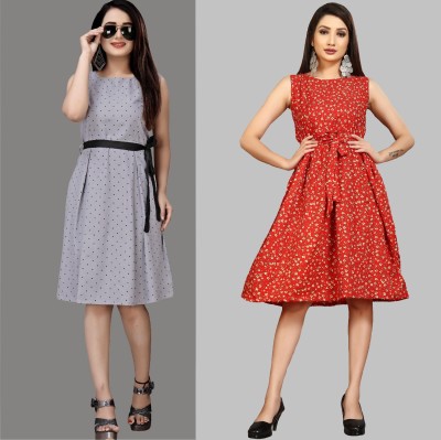 maruti fab Women Fit and Flare Grey, Red Dress