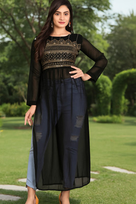 PALIBHAV Women Embroidered A-line Kurta(Black)