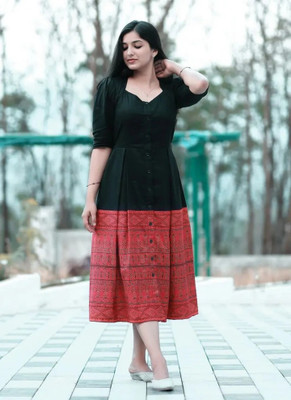 Syndrella Women Fit and Flare Black Midi/Calf Length Dress