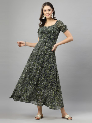 AAYU Women Fit and Flare Green Maxi/Full Length Dress