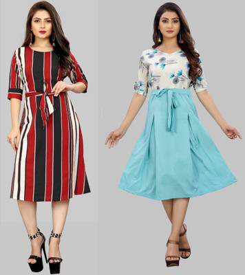 tanvi creation Women Fit and Flare Multicolor Knee Length Dress