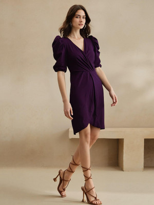 Dwarros Women Wrap Purple Above Knee/Mid Thigh Length Dress
