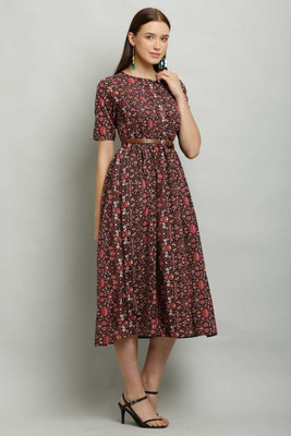 Shyammc Women Fit and Flare Multicolor Midi/Calf Length Dress