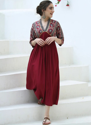 Syndrella Women A-line Maroon Midi/Calf Length Dress