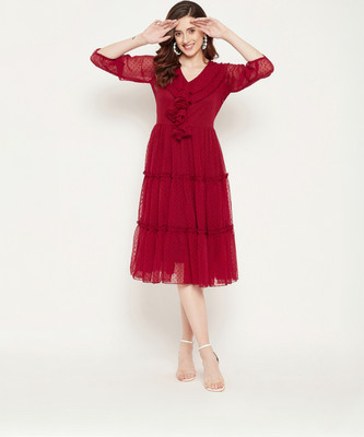 BITTERLIME Women Fit and Flare Red Below Knee Dress