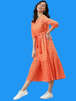 GULABI NAGRI Women A-line Orange, White Midi/Calf Length Dress