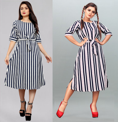 tanvi creation Women Fit and Flare Blue Midi/Calf Length Dress
