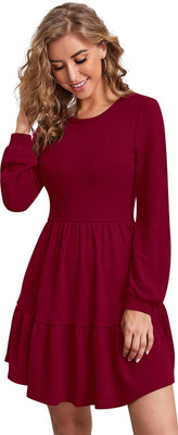 Dhruvil Impex Women Fit and Flare Maroon Above Knee/Mid Thigh Length Dress