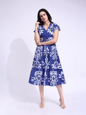 PURVAJA Women Fit and Flare Blue Midi/Calf Length Dress