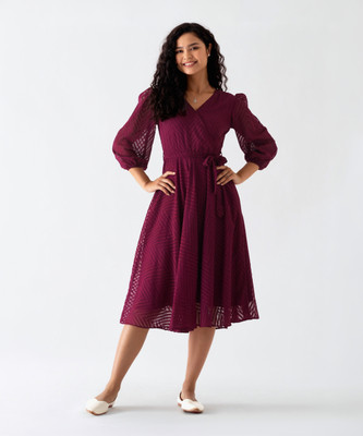 AASK Women Fit and Flare Purple Midi/Calf Length Dress