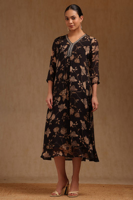 soch Women Ethnic Dress Black, Beige Midi/Calf Length Dress