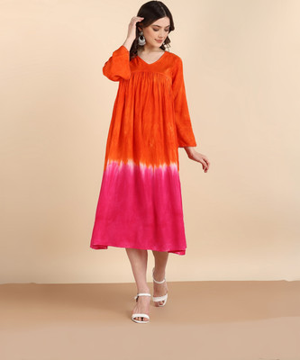 PinkTribe Women Fit and Flare Orange Midi/Calf Length Dress