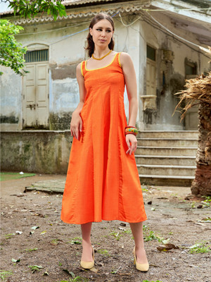 PURVAJA Women Fit and Flare Orange Midi/Calf Length Dress