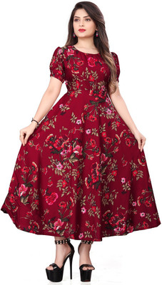 QUEUEE CREATION Women Fit and Flare Maroon Maxi/Full Length Dress