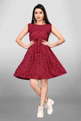 MAA FAB Women Fit and Flare Red Above Knee/Mid Thigh Length Dress