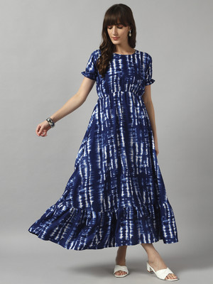 Krunal Raiyani Women Fit and Flare Blue Maxi/Full Length Dress