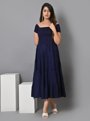 IQRAAR Women Fit and Flare Dark Blue Midi/Calf Length Dress