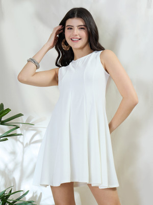 DRAPE AND DAZZLE Women Fit and Flare White Above Knee/Mid Thigh Length Dress