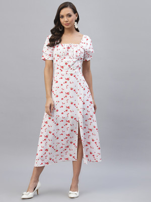 AAYU Women A-line Pink, White Midi/Calf Length Dress