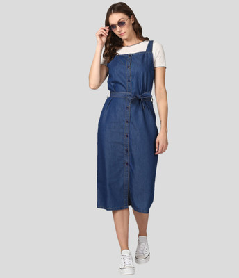 STYLESTONE Women Pinafore Dark Blue Midi/Calf Length Dress
