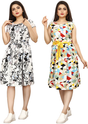 fashionwrld Women Fit and Flare Multicolor Knee Length Dress