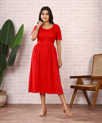 Siddiqa Creation Women A-line Red Midi/Calf Length Dress